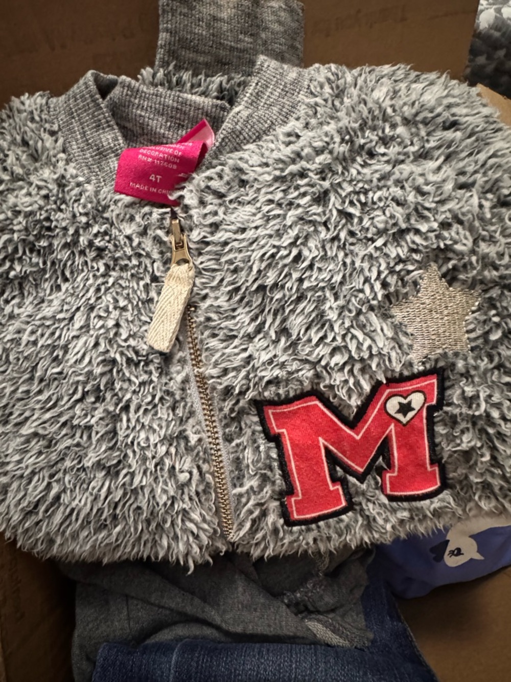 Gray Fuzzy Zip Jacket with Red 'M' Patch